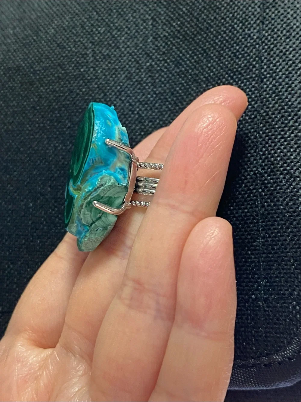 Natural Chrysocolla Malachite Raw Crystal Cluster Statement Ring - Picture 7 of 10